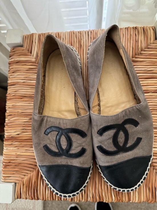 CHANEL Shoes - CHANEL Taupe Suede Espadrille Slip-Ons with Black Logo